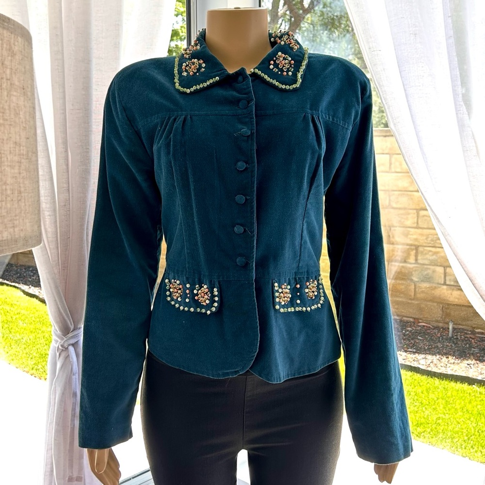 Blue Velvet Persaman New York Blazer Jacket Size L Large Floral Bead Design